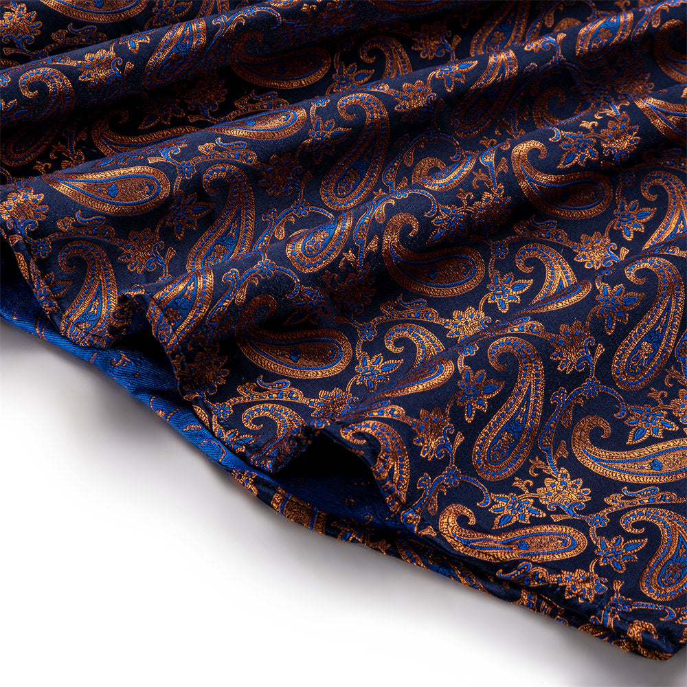 YourTies Men's Brown Blue Paisley Silk Long Sleeve Button Down Shirt