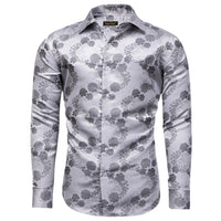 YourTies Men's Grey Floral Silk Long Sleeve Button Down Shirt