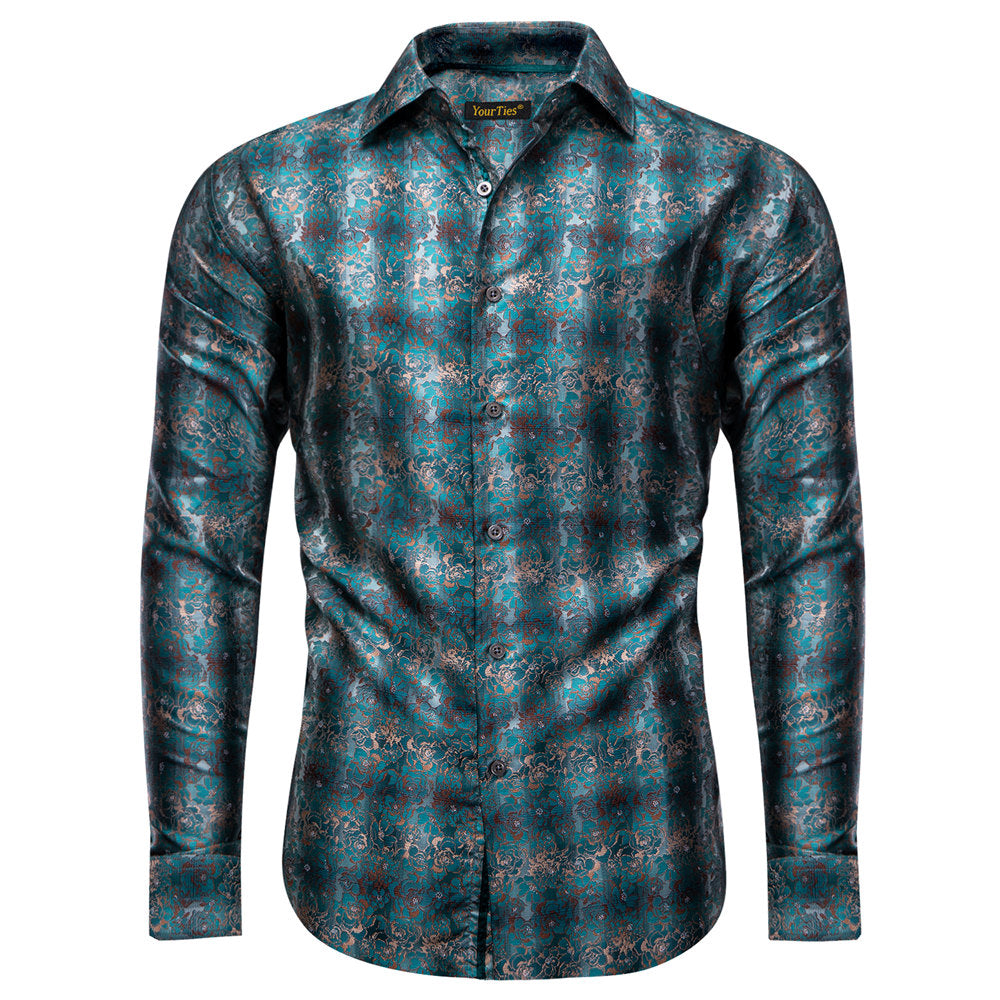 YourTies Shirt for Men Midnight Green Floral Silk Long Sleeve Button Down Shirt