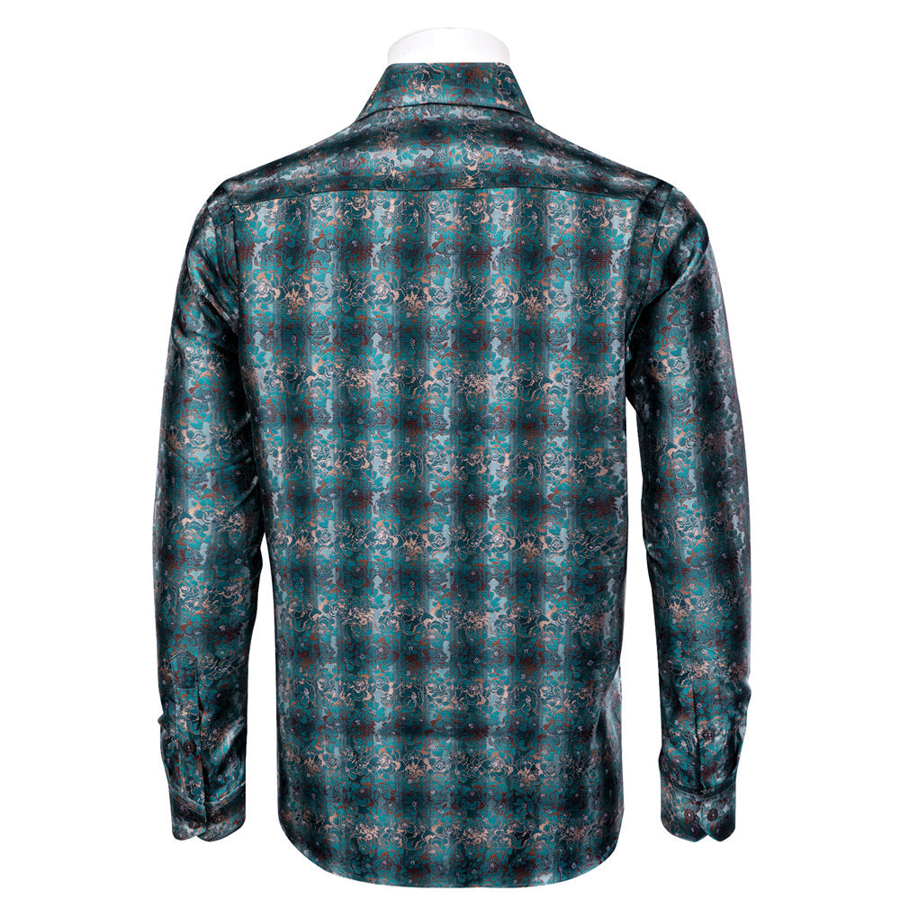 YourTies Shirt for Men Midnight Green Floral Silk Long Sleeve Button Down Shirt