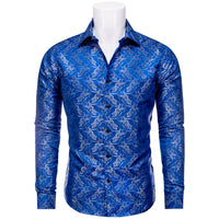 YourTies Royal Blue Shirt for Men Floral Silk Long Sleeve Button Down Shirt