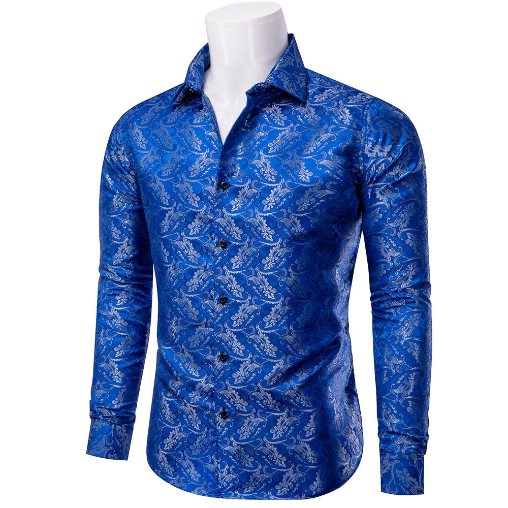 YourTies Royal Blue Shirt for Men Floral Silk Long Sleeve Button Down Shirt