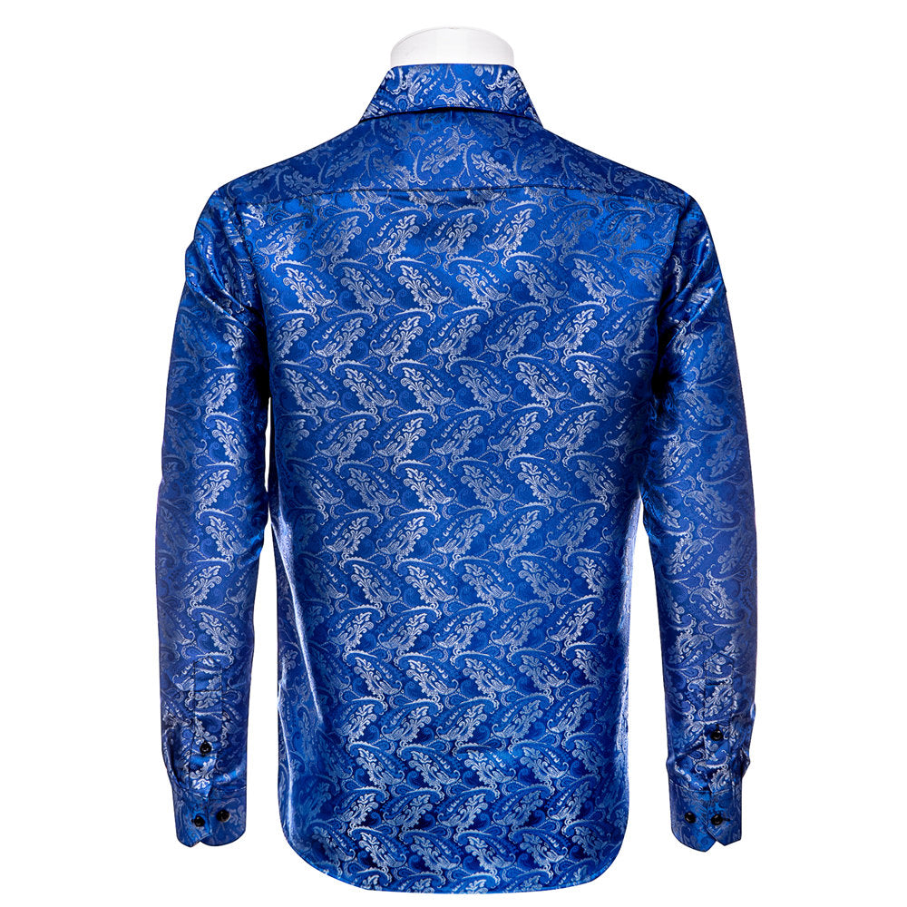 YourTies Royal Blue Shirt for Men Floral Silk Long Sleeve Button Down Shirt