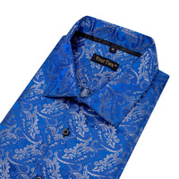 YourTies Royal Blue Shirt for Men Floral Silk Long Sleeve Button Down Shirt