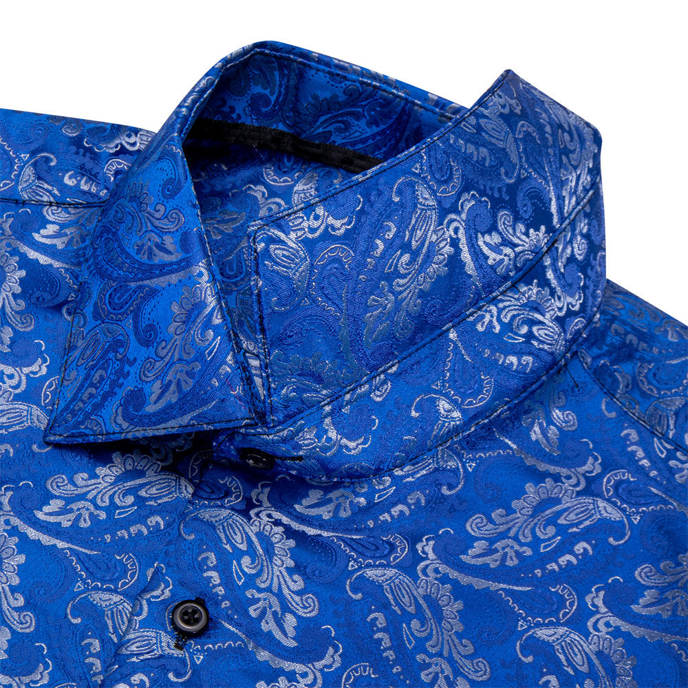 YourTies Royal Blue Shirt for Men Floral Silk Long Sleeve Button Down Shirt