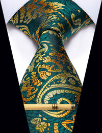 YourTies Men's Tie Teal Blue Golden Paisley Necktie with Clip