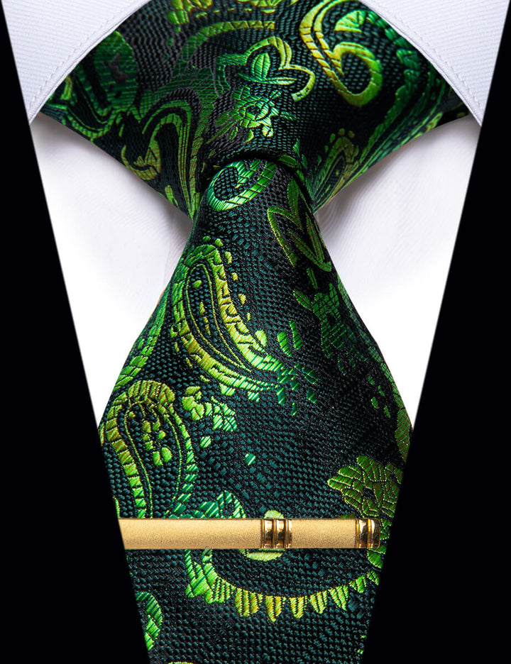 Green Paisley Silk Necktie with Golden Tie Clip