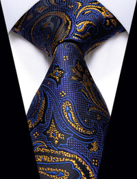 YourTies Dark Blue Golden Paisley Jacquard Silk Necktie