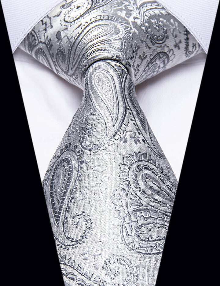 Silver Grey Paisley Silk Necktie