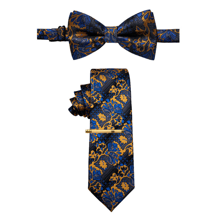 Dark Grey Blue Floral Pre-tied Bowtie Necktie Golden Clip Set