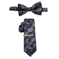 Deep Grey Floral Pre-tied Bowtie and Necktie with Golden Tie Clip Set