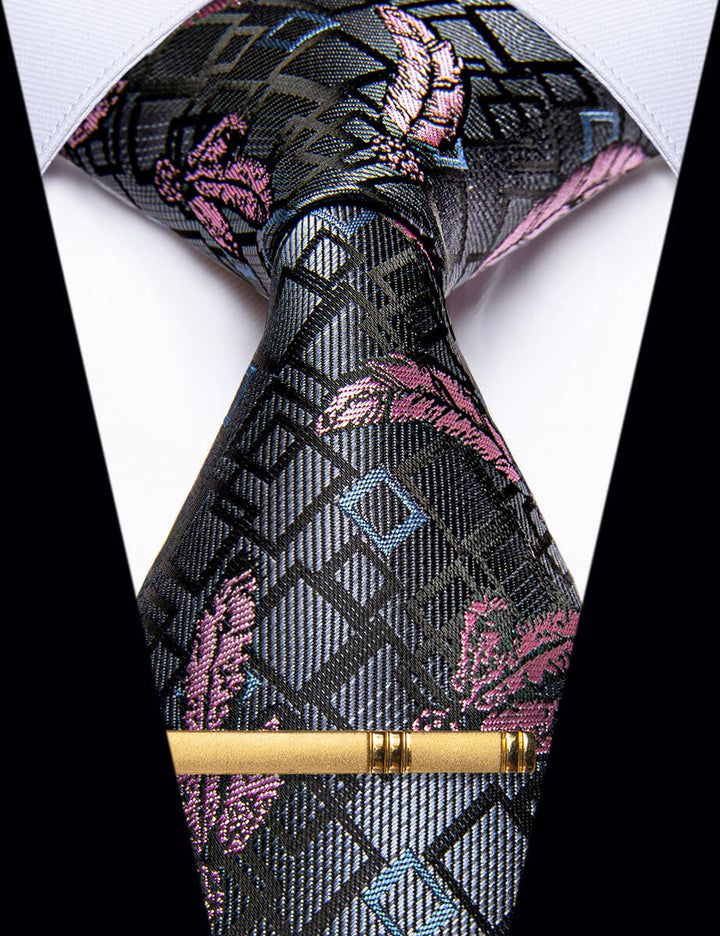 Dark Grey Pink Feather Novelty Silk Necktie Golden Tie Clip