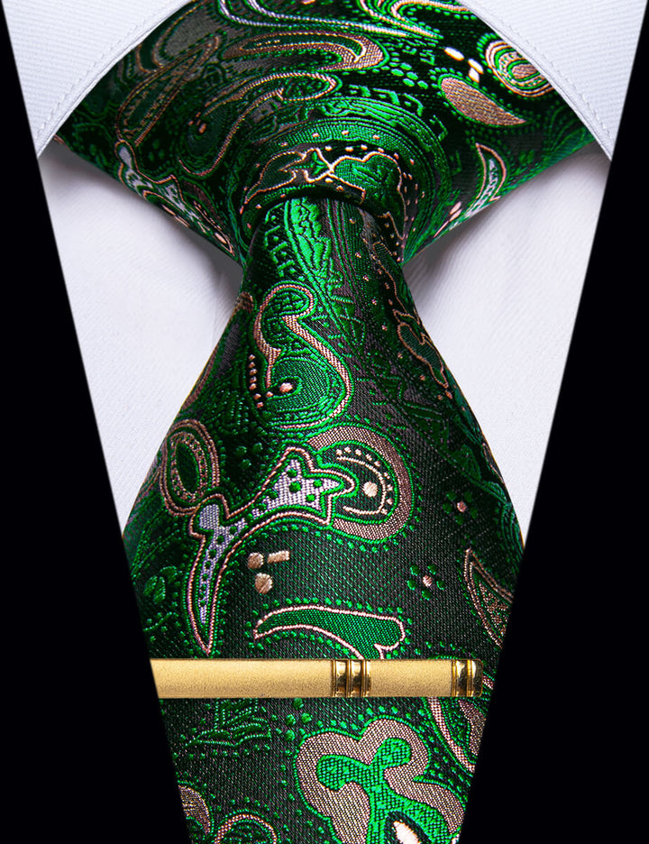 Fashion Green Paisley Silk Mens Necktie with Golden Tie Clip