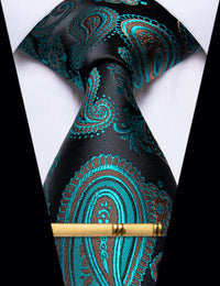 YourTies Teal Blue Black Green Paisley Silk Tie with Golden Tie Clip