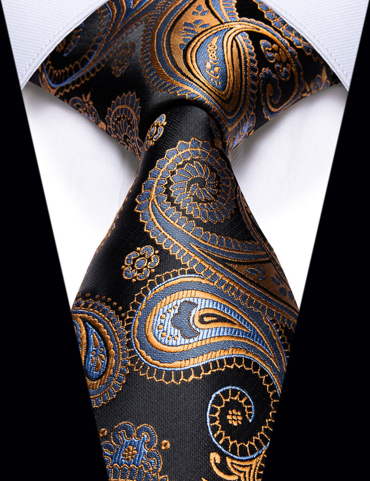 Mens Luxury Black Wedding Tie Golden Paisley Silk Necktie