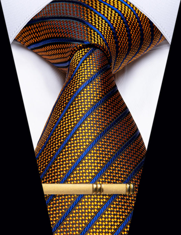  Brown Blue Striped Silk Necktie with Golden Tie Clip for Men