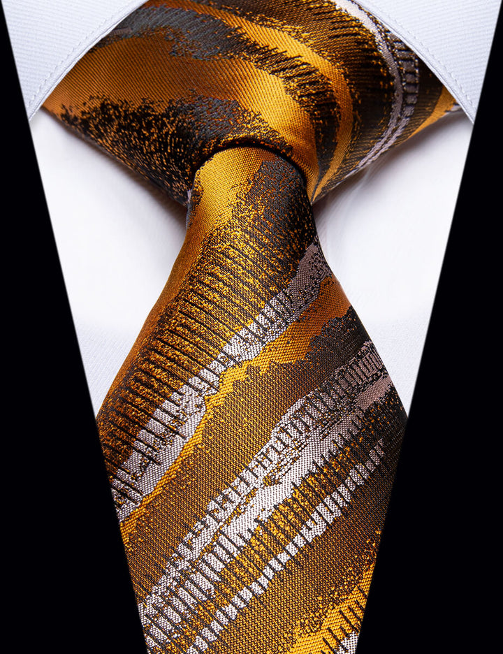 Golden Ties Yellow Irregular Striped Silk Mens Necktie Formal