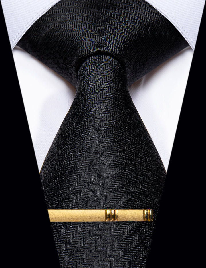 Classic Black Solid Silk Men's Necktie with Golden Tie Clip