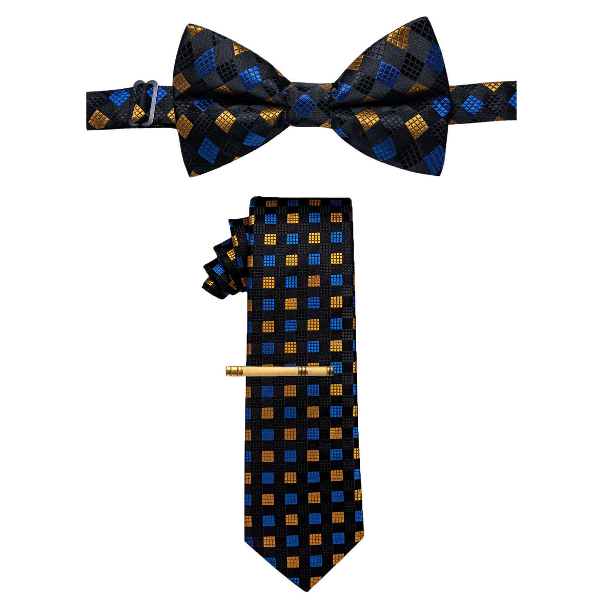 Cube Plaid Pre-tied Bowtie Necktie with Golden Tie Clip Set