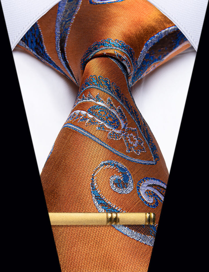  Orange Yellow Blue Paisley Silk Necktie with Golden Tie Clip