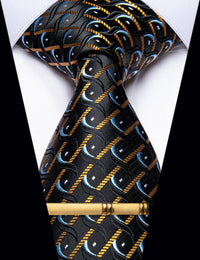 YourTies Black Yellow Novelty Silk Men's Necktie with Golden Tie Clip