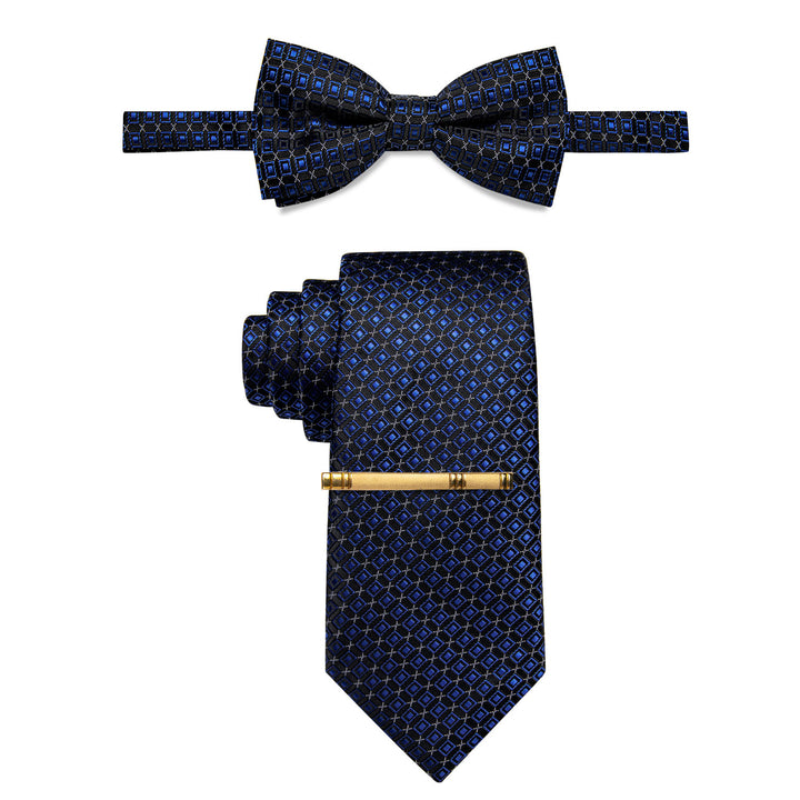 Black Blue Plaid Pre-tied Bowtie Necktie  Golden Tie Clip Set