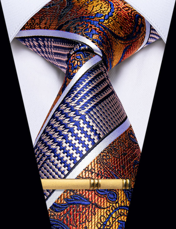 Orange Red Blue Splicing Novelty Silk Necktie Golden Tie Clip