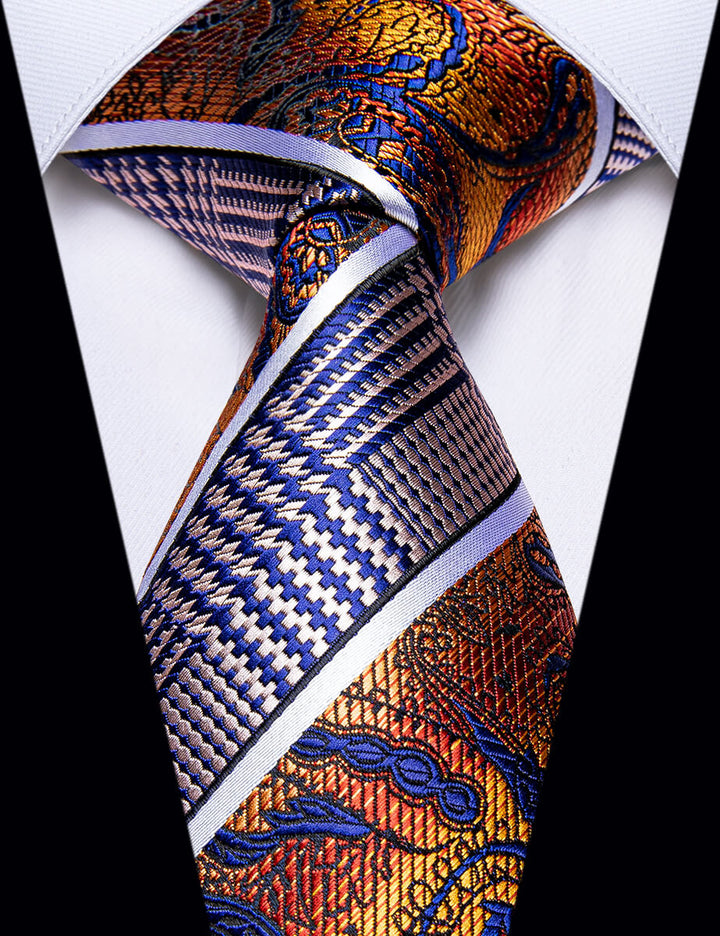  Orange Mens Tie Red Blue Splicing Novelty Silk Necktie