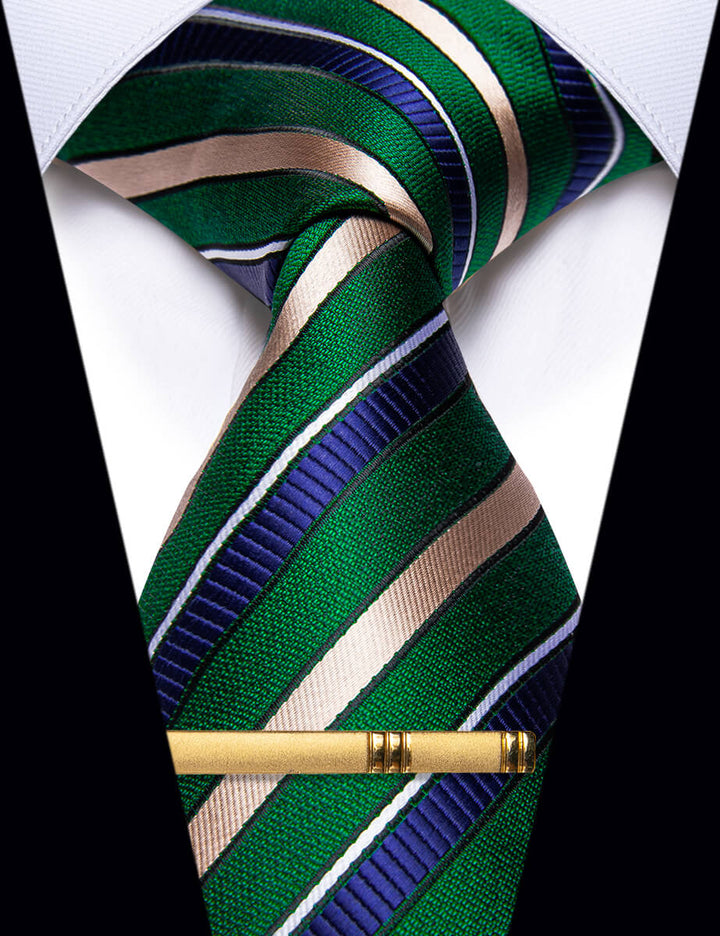 Green Champagne Blue Striped Silk Necktie and Golden Tie Clip