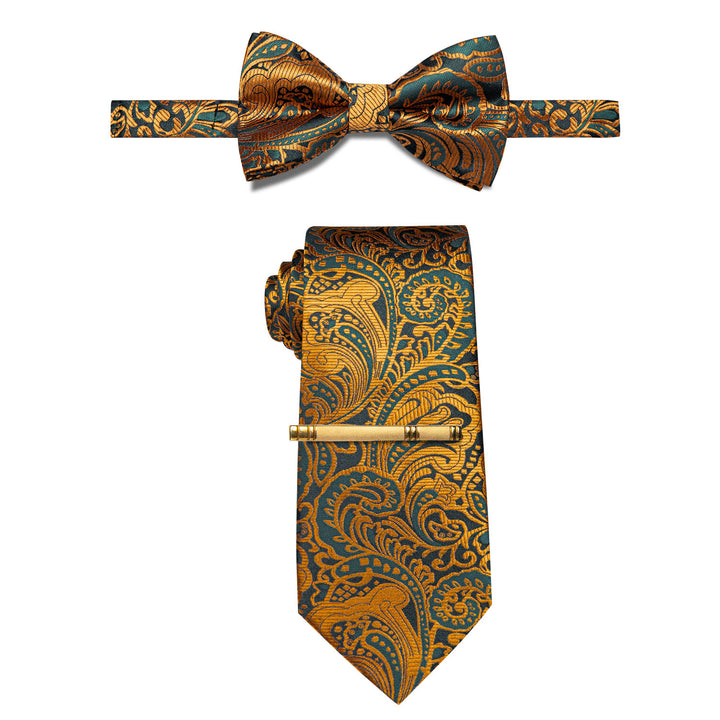 Golden Green Paisley Pre-tied Bow Tie Necktie Golden Clip Set