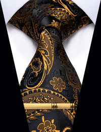 YourTies Black Golden Paisley Silk Men's Necktie with Golden Tie Clip