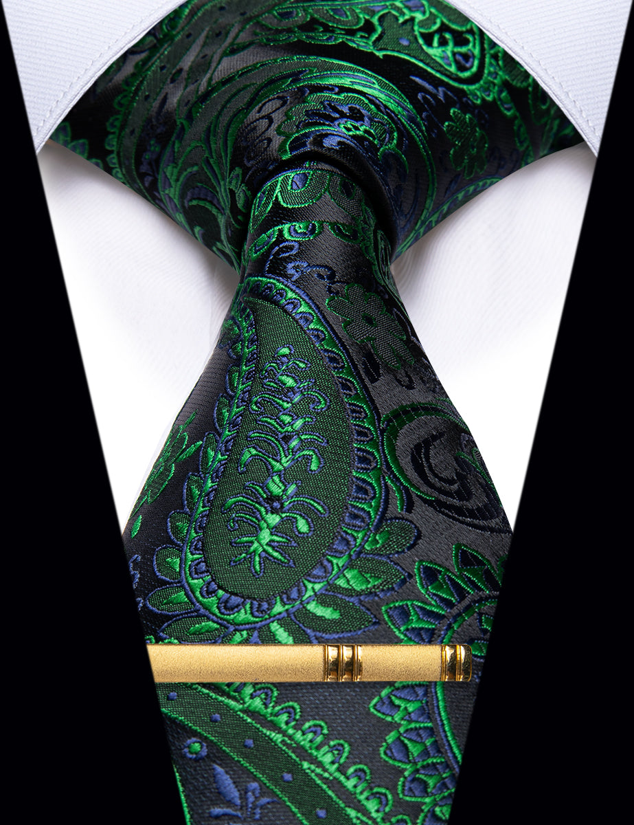 YourTies Black Green Paisley Silk Men's Necktie with Golden Tie Clip