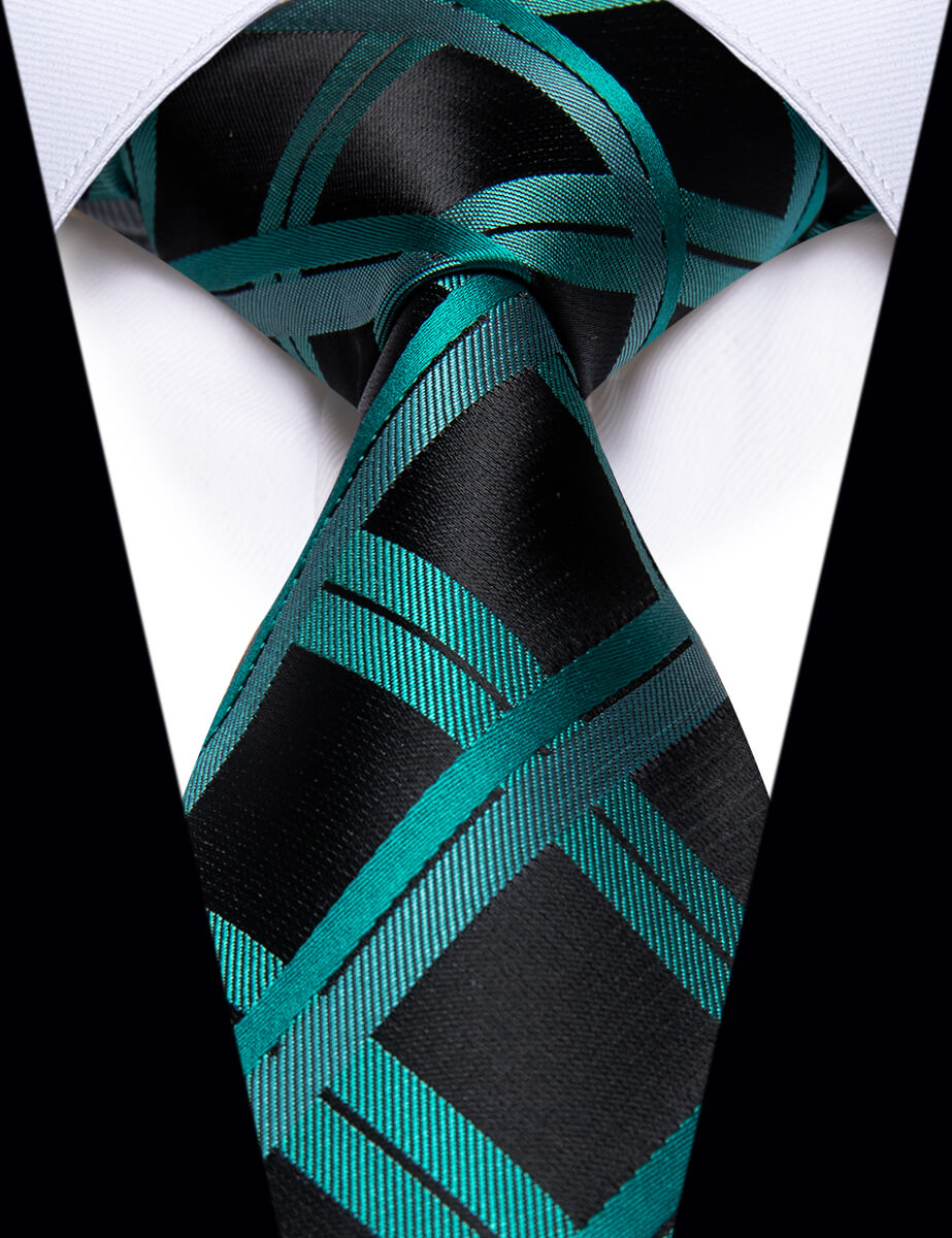 YourTies Cyan Green Men's Ties Black Teal Plaid Silk Necktie