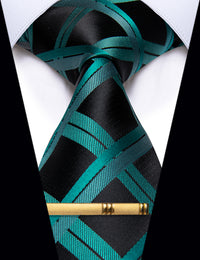 YourTies Black Teal Men's Tie Plaid Silk Necktie with Golden Tie Clip