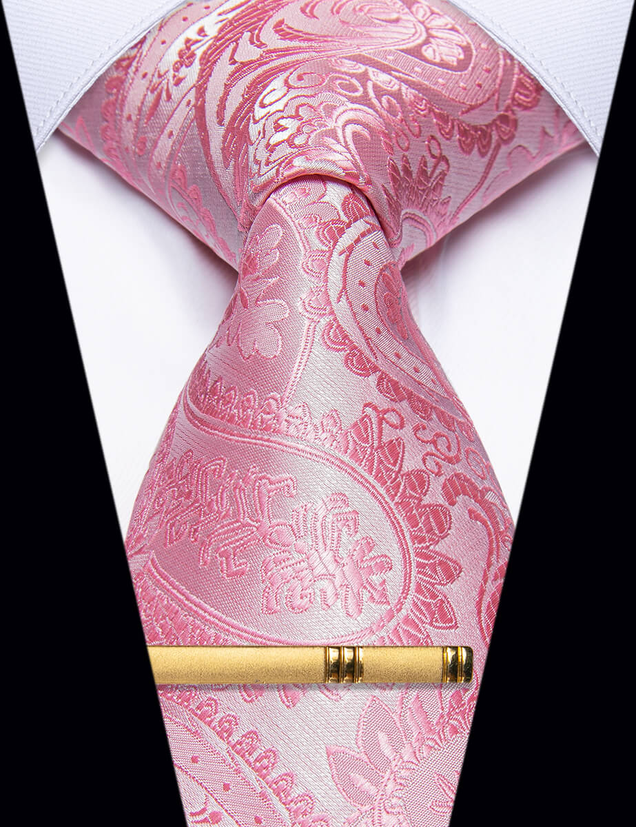 YourTies Baby Pink Paisley Silk Wedding Necktie with Golden Tie Clip