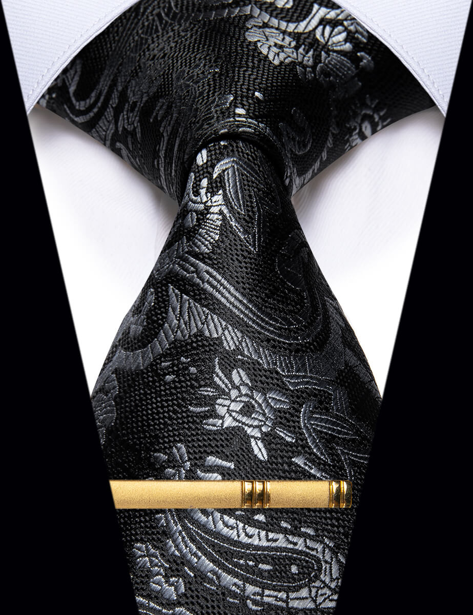 YourTies Black Grey Paisley Silk Jacquard Necktie with Golden Tie Clip