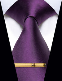 YourTies Deep Purple Solid Silk Necktie with Golden Tie Clip for Men