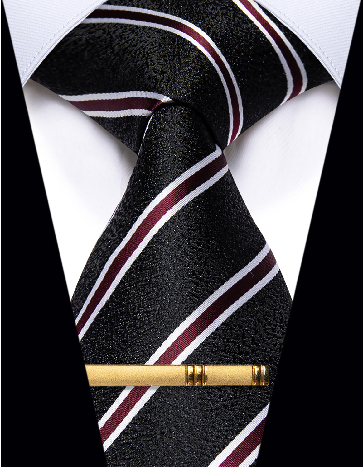 YourTies Mens Black Tie Red Striped Silk Necktie with Golden Tie Clip