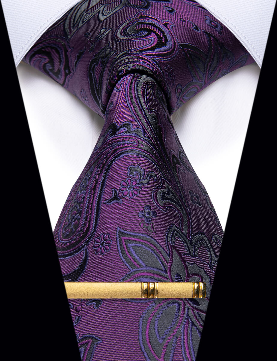 Deep Purple Ties Paisley Silk Single Necktie with Tie Clip