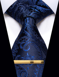 YourTies Navy Blue Paisley Silk Necktie with Golden Tie Clip