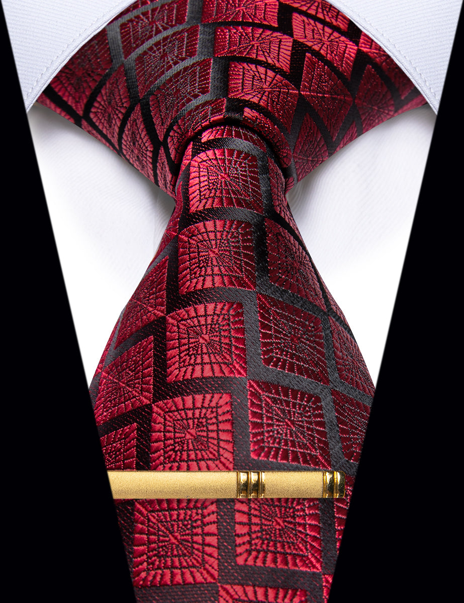 YourTies Black Red Tie Plaid Novelty Silk Necktie with Golden Tie Clip