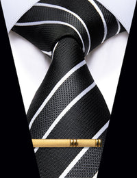 YourTies Black Tie White Striped Silk Men Necktie with Golden Tie Clip