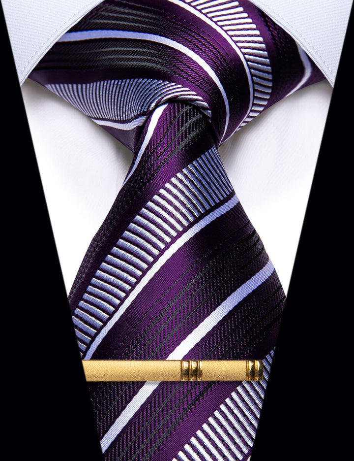  Purple Ties Black White Striped Silk Necktie Golden Tie Clip