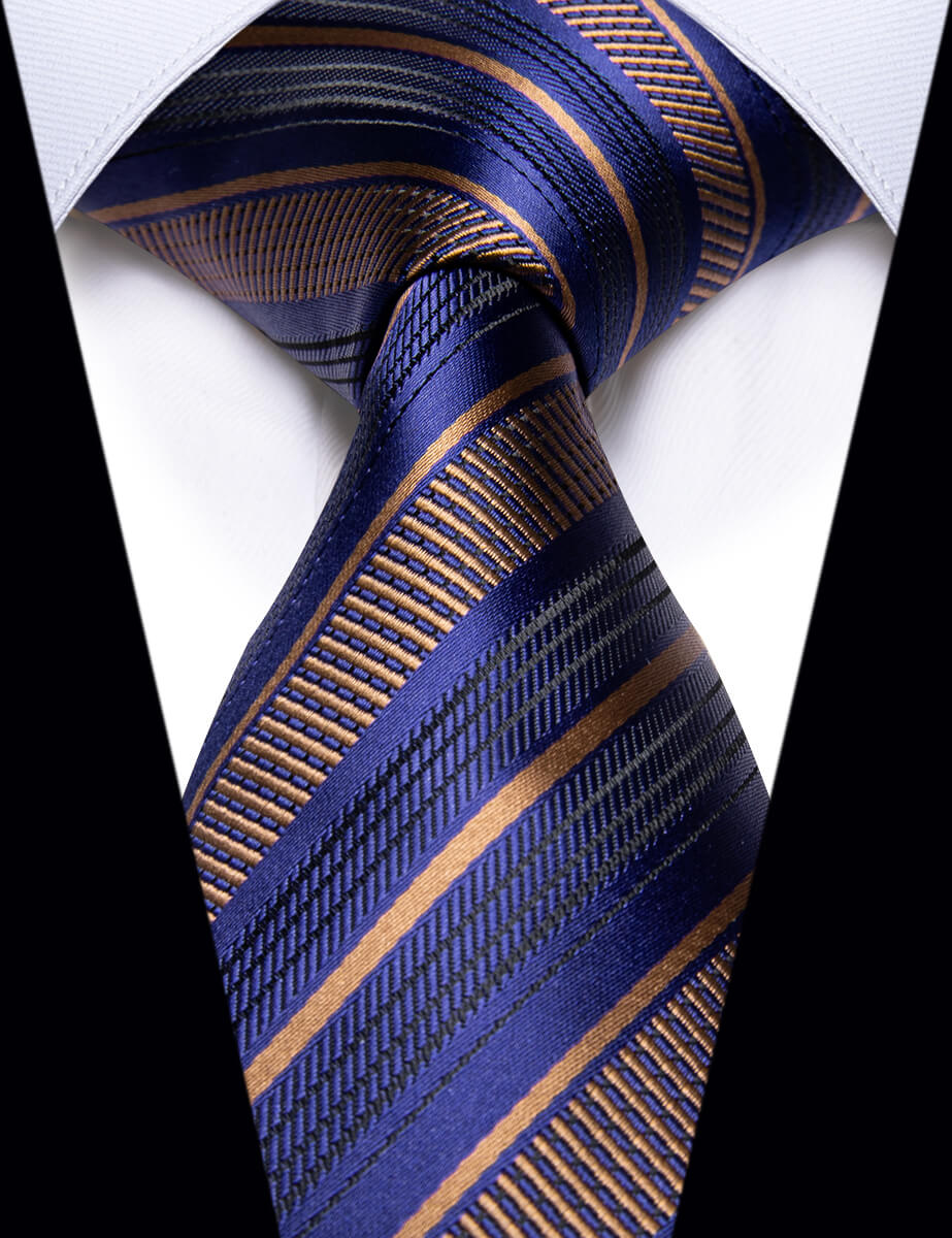 YourTies Navy Blue Golden Striped Silk Necktie