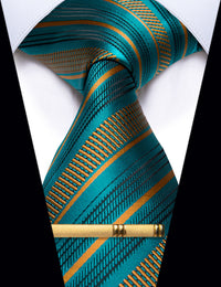 YourTies Necktie Teal Golden Striped Silk Necktie with Golden Tie Clip