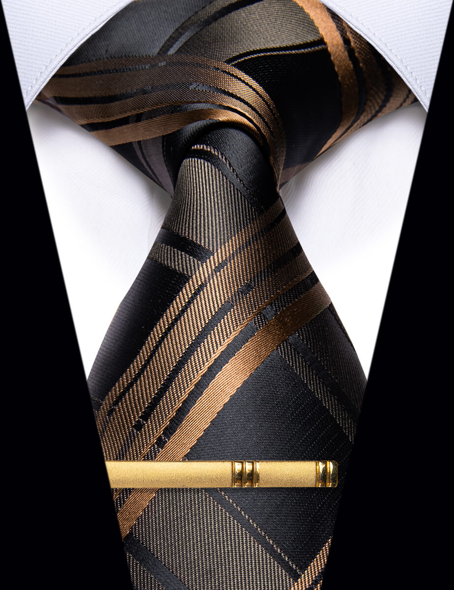 YourTies Checkered Tie Black Brown Plaid Necktie with Golden Tie Clip