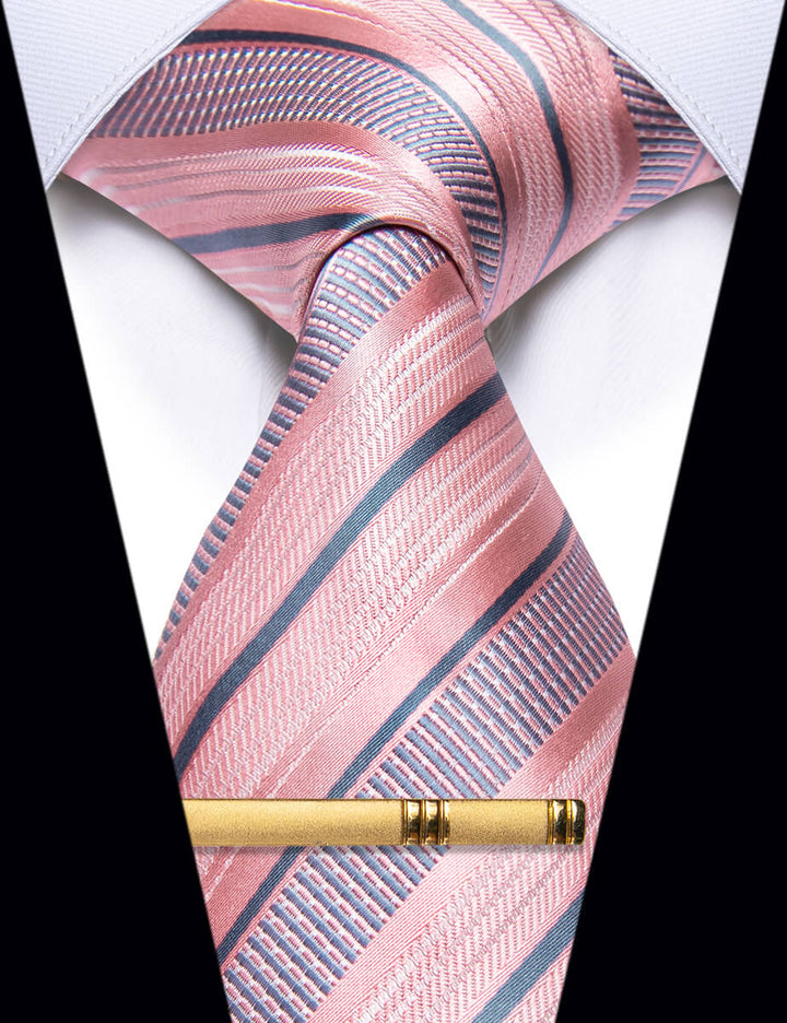 Pink Grey Striped Silk Mens Necktie with Golden Tie Clip