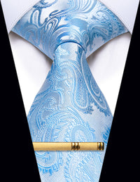 YourTies Sky Blue Silver Paisley Silk Necktie with Golden Tie Clip