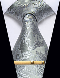 YourTies Men's Light Grey Paisley Silk Necktie with Golden Tie Clip