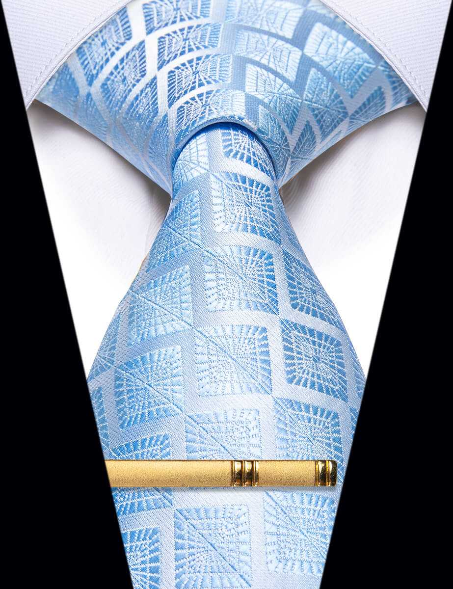 YourTies Sky Blue Plaid Silk Necktie with Golden Tie Clip